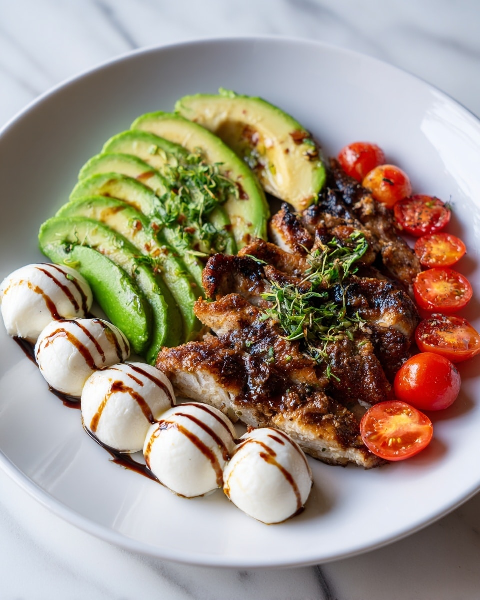 The image shows a close-up of a colorful salad arranged in layers on a white plate. The first layer is made of fresh green basil leaves at the bottom, topped with sliced grilled chicken that has a dark brown crispy crust with spices. On one side, there are smooth slices of bright green avocado, and on the other side, juicy red cherry tomato halves. Around the edge of the plate, small white mozzarella balls are placed, each drizzled with a dark balsamic glaze. The textures vary from soft mozzarella and creamy avocado to crispy chicken and fresh vegetables, all arranged neatly on a white marbled surface. Photo taken with an iphone --ar 4:5 --v 7