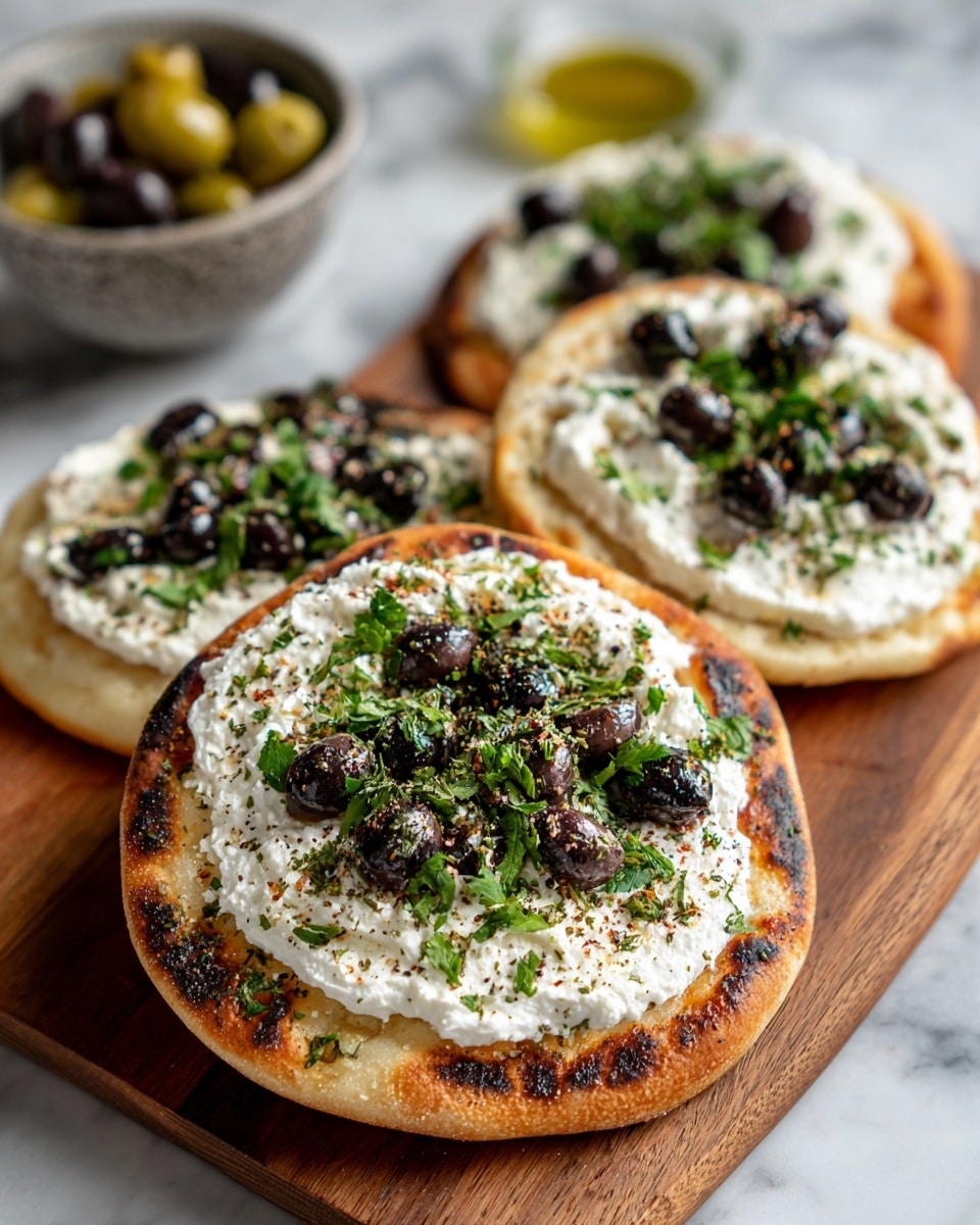 Two oval-shaped flatbreads with golden-brown char marks are placed on a wooden board. Each flatbread has a thick layer of white creamy cheese spread on top. Scattered on the cheese are whole dark purple and sliced green olives, with a sprinkling of finely chopped green herbs and crushed black pepper. Some fresh parsley leaves rest on the cheese as garnish. A small brown bowl with additional olives and herbs sits blurred in the background on a white marbled texture. photo taken with an iphone --ar 4:5 --v 7