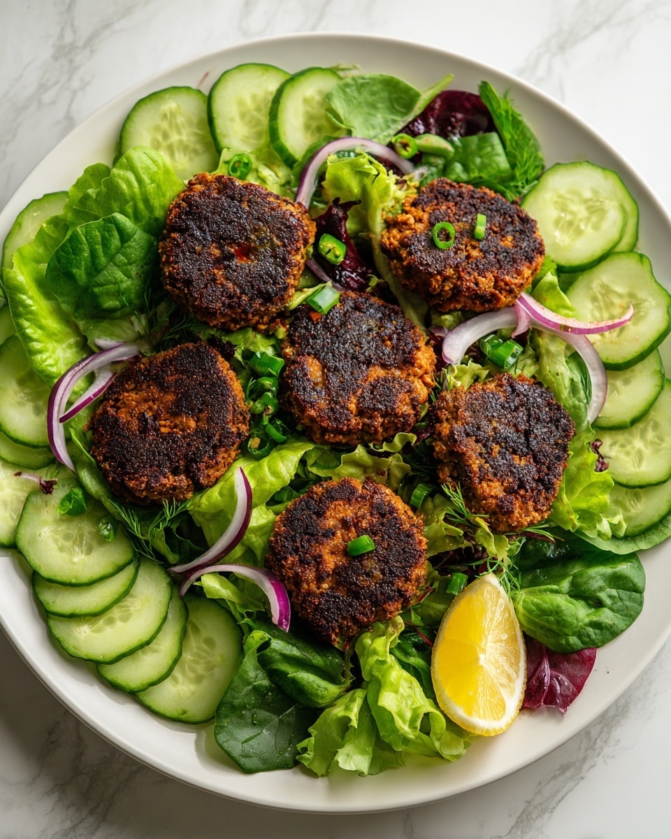A close-up of a blue plate filled with about seven dark brown, charred patties on the top layer, each showing rough texture with bits of red and charred black spots. Underneath, there is a layer of fresh light green lettuce leaves spread across the plate. Scattered among the lettuce are light green cucumber slices and thin rings of light purple onion scattered evenly around the patties. Small green chili peppers and a quarter piece of yellow lemon wedge are also visible on the edge of the plate. The plate sits on a white marbled surface. photo taken with an iphone --ar 4:5 --v 7