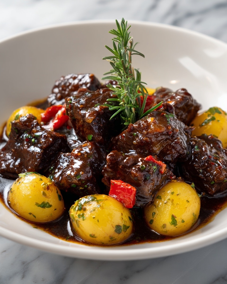 This image shows a close-up of a white shallow bowl filled with a rich, glossy dark brown stew. The stew has large, tender beef pieces covered in a thick sauce, topped with fresh green herb sprigs. Around the beef, there are small round yellow potatoes and bright orange carrot sticks, all coated in the sauce. The bowl sits on a white marbled surface, and a woman's hand is slightly touching the bowl's edge. The overall look is warm and hearty. photo taken with an iphone --ar 4:5 --v 7
