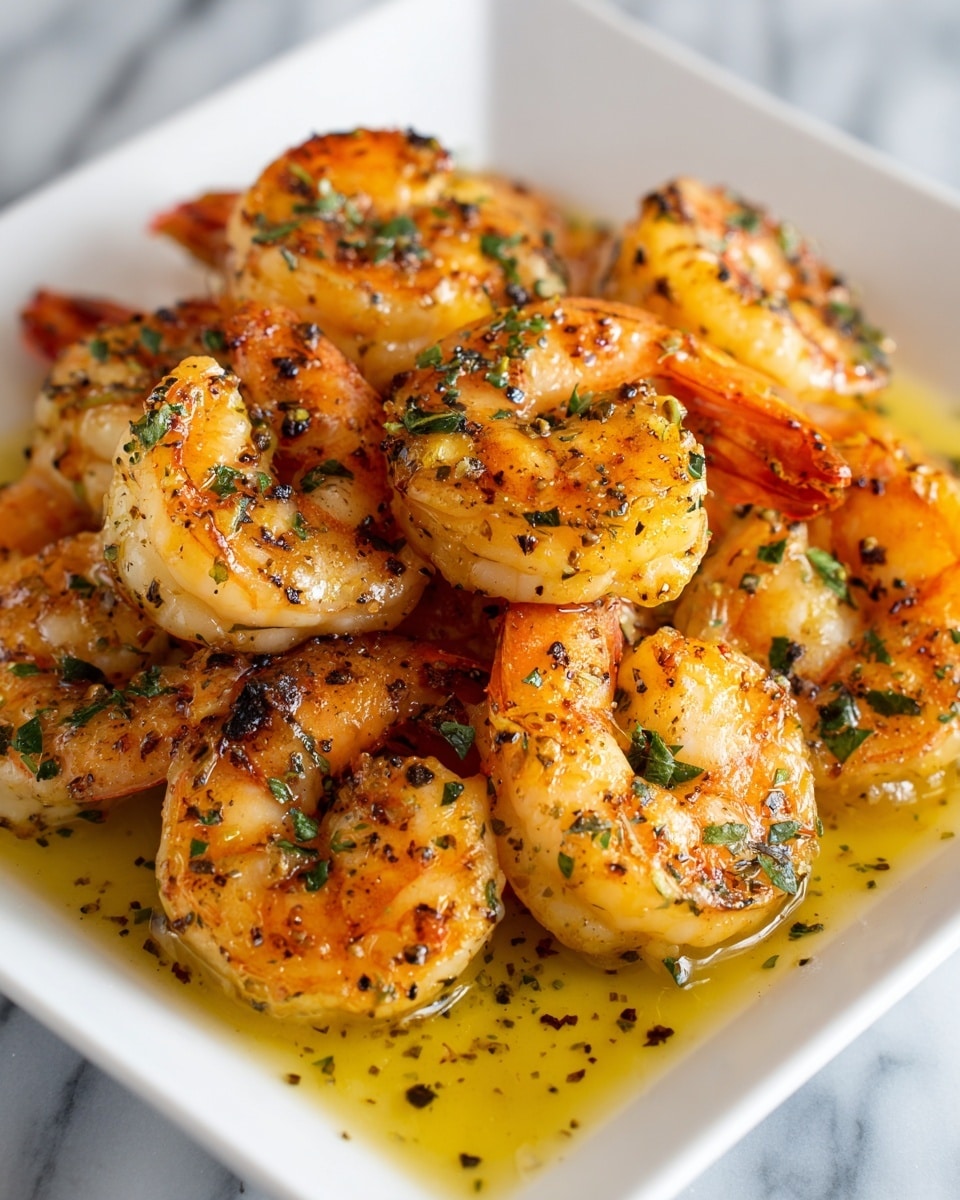 The image shows a white square plate filled with cooked shrimp that have a golden-brown sear on their edges. The shrimp are arranged in a slightly overlapping pile, coated in a yellowish garlic butter sauce with visible small bits of minced garlic and a sprinkle of fresh green parsley. The shrimp tails are bright orange, contrasting with the clearer whitish flesh. The sauce pools slightly at the bottom, with herbs and black pepper evenly decorating the shrimp, giving a juicy and seasoned look. The photo taken with an iphone --ar 4:5 --v 7