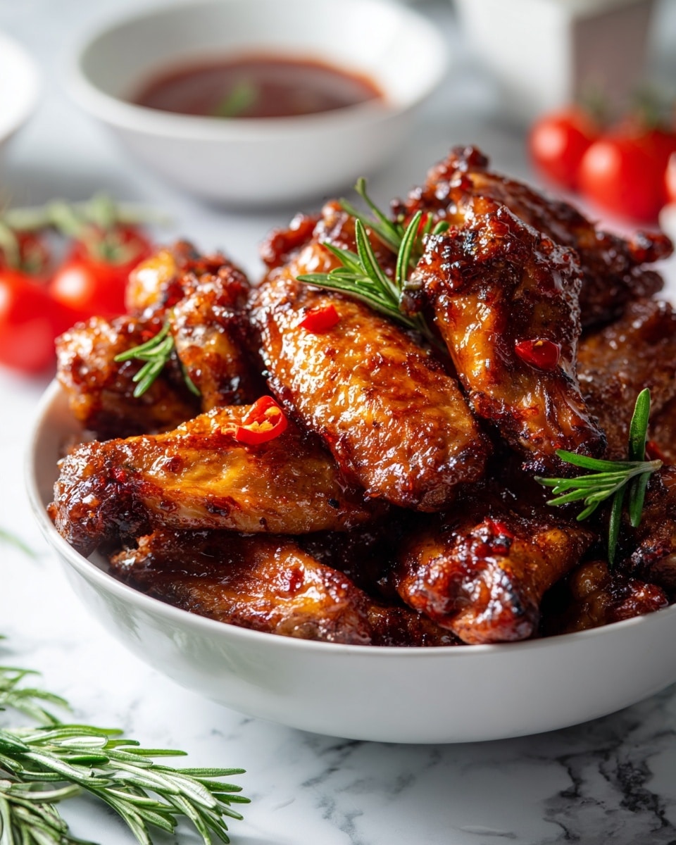 A white bowl full of glossy, dark reddish-brown chicken wings covered in thick sauce with visible red pepper flakes, garnished with a few small green rosemary sprigs scattered on top and near the edges. The wings are piled on top of each other showing a shiny, sticky texture. In the background, blurred bright red cherry tomatoes on the vine can be seen along with small white bowls of yellow mustard and another portion of wings, all set on a white marbled surface. A red and white checkered cloth is partially visible near the bottom corner. Photo taken with an iphone --ar 4:5 --v 7