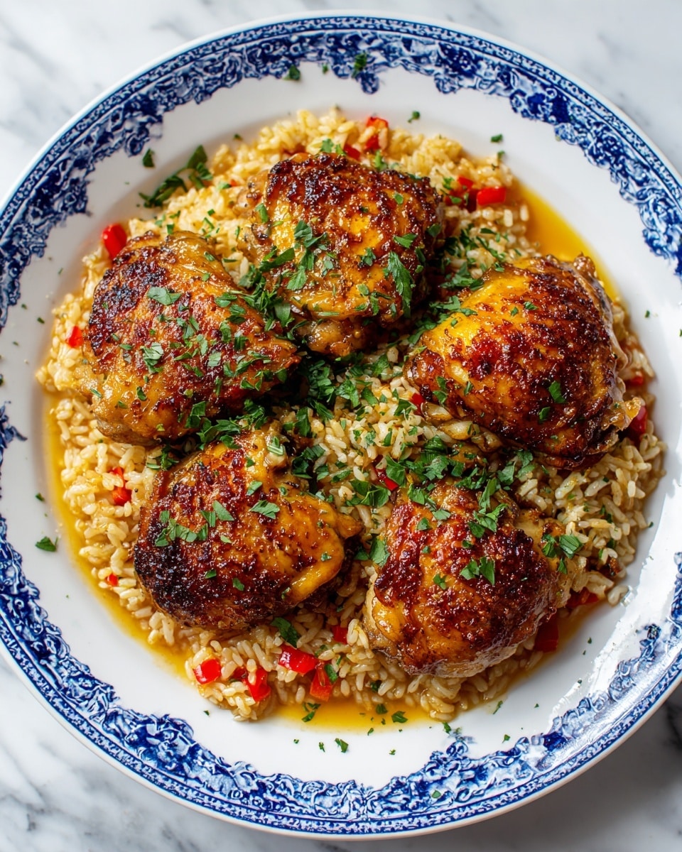 A white plate with blue floral edges holds a dish with three golden-brown chicken thighs on top of a bed of cooked rice mixed with small red pepper pieces. The rice looks moist with a light sauce, creating a soft texture beneath the chicken. Fresh green herbs are sprinkled generously over the chicken and rice, adding a vibrant green contrast. The chicken skin is crispy and dark golden with some charred spots, making it look crunchy. The plate is set against a white marbled surface. photo taken with an iphone --ar 4:5 --v 7