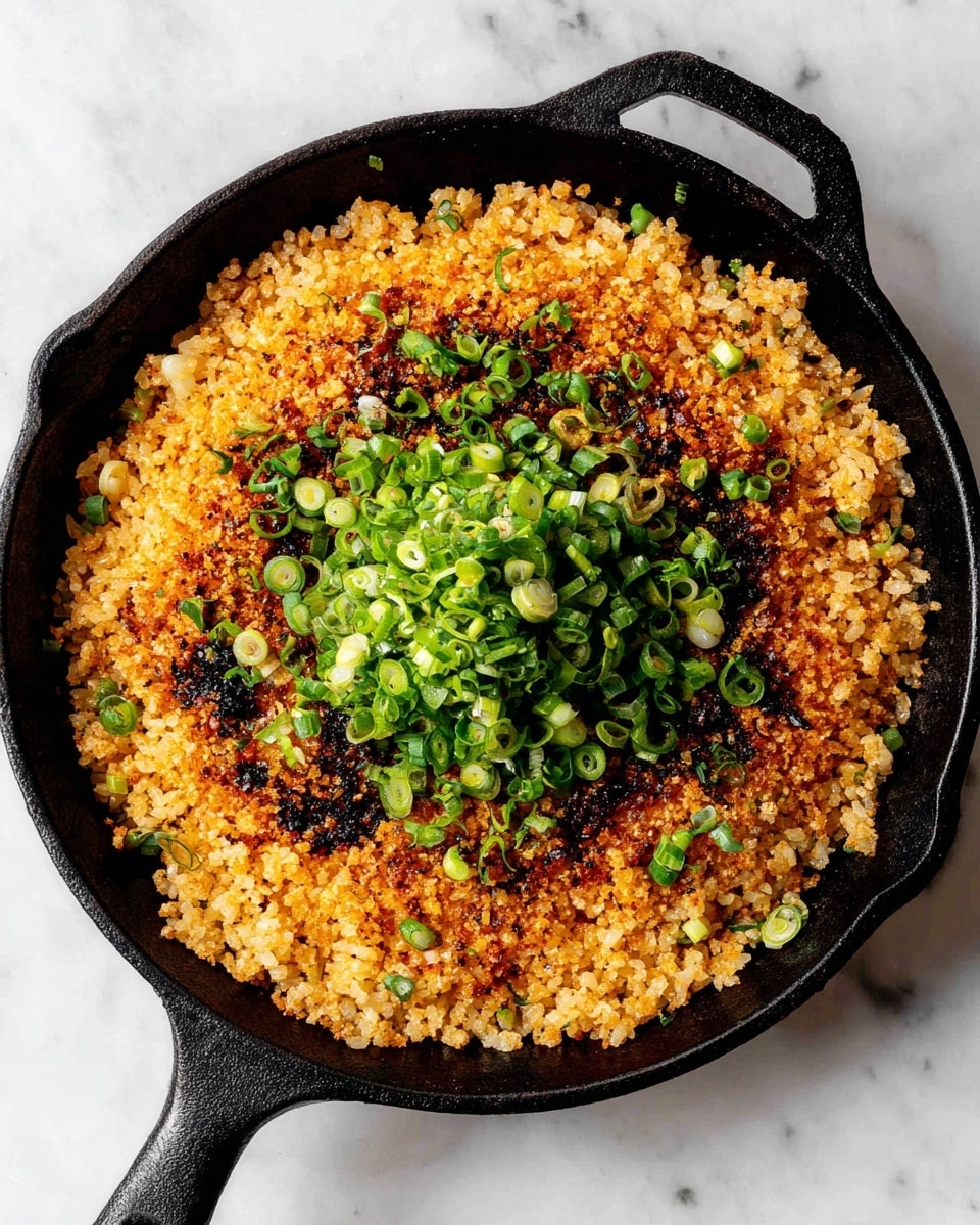 A round black cast iron pan filled with a single layer of cooked white rice that has a golden brown crust on top, showing some crispy texture with darker spots. In the center, there is a pile of thinly sliced bright green scallions, adding fresh color contrast to the golden rice. The pan is placed on a white marbled surface. photo taken with an iphone --ar 4:5 --v 7