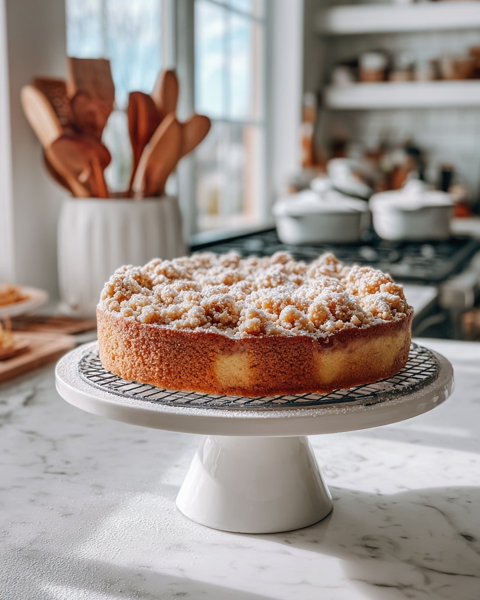 The image shows a crumb cake placed on a white cake stand with a wire cooling rack on top. The cake has two clear layers: a thick, golden-brown bottom layer with a soft texture and a thick crumbly topping layer that is light golden with irregular large crumbs. The center of the crumb topping is dusted with a layer of white powdered sugar, which adds a delicate contrast to the warm tones of the cake. The background features a kitchen counter with a white marbled texture, and soft natural light coming from a nearby window brightens the scene, highlighting the texture of the cake and the cooling rack. Photo taken with an iphone --ar 4:5 --v 7