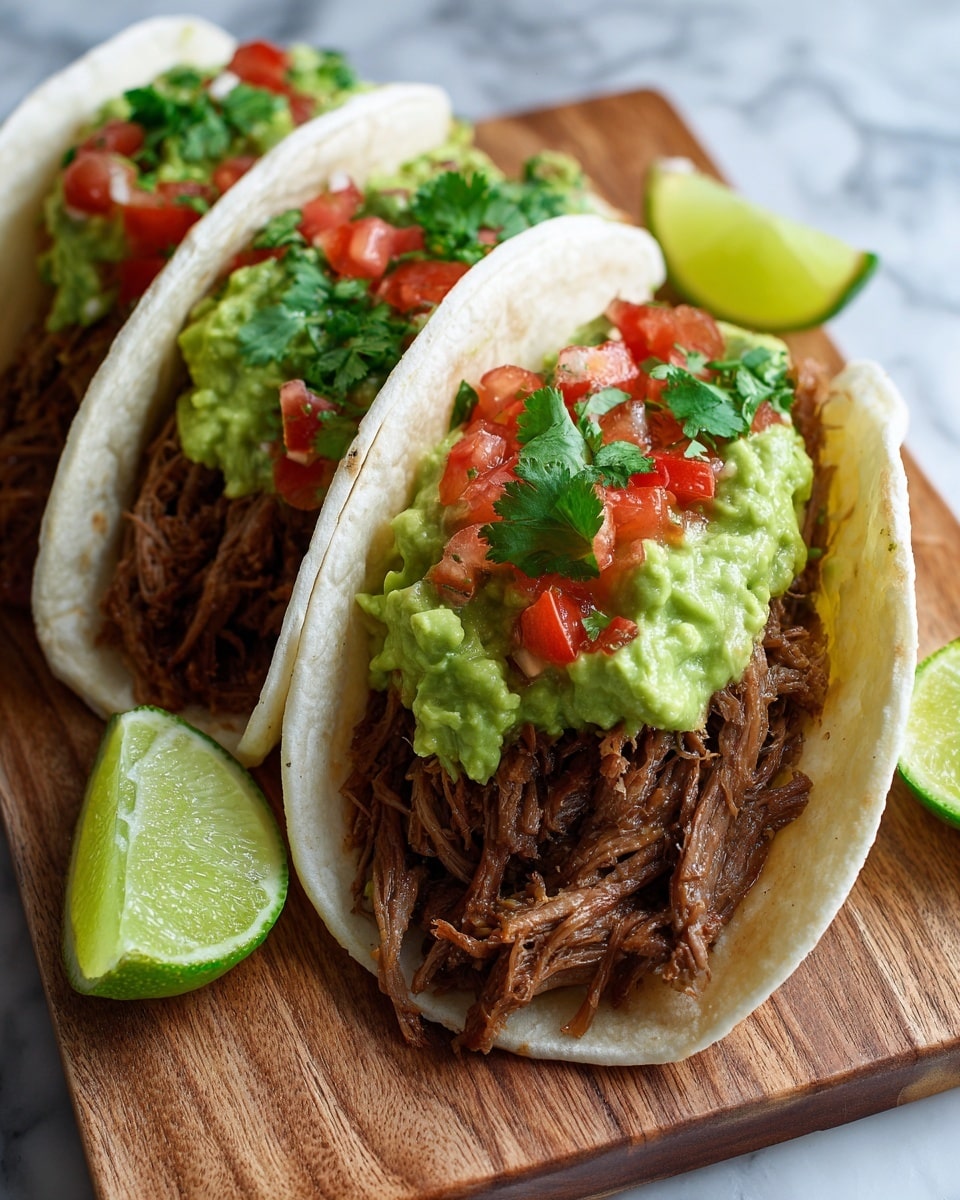 Three soft white corn tortillas are folded upright on a wooden board, each filled with shredded dark brown meat at the bottom layer. On top of the meat is a bright green guacamole layer with a chunky texture, covered partially by diced red tomatoes mixed with finely chopped onions and fresh green cilantro leaves placed on top, adding a fresh contrast. Two lime wedges with light green flesh sit next to the tacos on the right side. The background is a white marbled surface, photo taken with an iphone --ar 4:5 --v 7