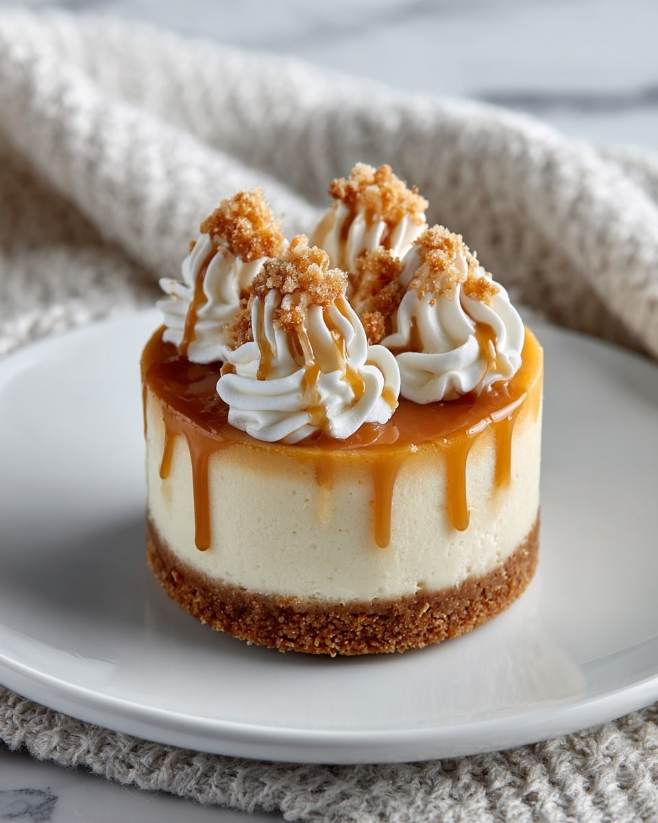 The image shows a small round cheesecake with three visible layers: a thick brown crumbly crust at the bottom, a smooth creamy beige cheesecake layer in the middle, and a topping layer of caramel sauce drizzled over the top. There are three small swirls of white whipped cream along one side with some crushed crumbs sprinkled on them. The cheesecake is on a white plate placed on a cloth with a white marbled surface background. Photo taken with an iphone --ar 4:5 --v 7