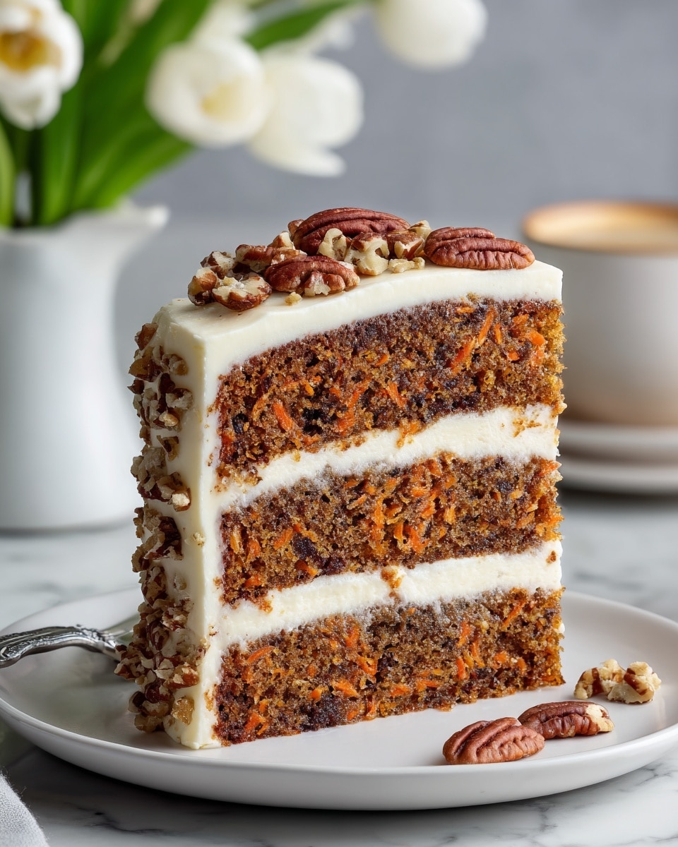 The image shows a tall slice of carrot cake with three thick layers of moist, dark brown cake filled with bits of carrot and nuts. Between each cake layer is a thick, creamy white frosting that looks smooth and soft. The top of the cake slice is covered with the same frosting and decorated with caramel-colored pecan nuts. The cake slice sits on a white plate with a white marbled surface in the background. photo taken with an iphone --ar 4:5 --v 7