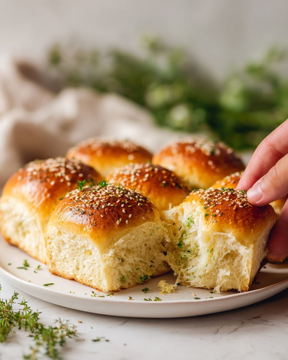 The image shows a white plate full of small, golden brown dinner rolls with a shiny, glazed top sprinkled with herbs and grated cheese. One roll is pulled apart, revealing soft, fluffy white inside with a green herb layer inside the bread. The rolls are stacked in layers, with some in the foreground and blurred rolls and parsley in the background on a white marbled surface. A woman's hand is gently holding one pulled-apart roll above the plate. The scene looks warm and inviting, with soft natural light highlighting the texture and colors of the bread. photo taken with an iphone --ar 4:5 --v 7