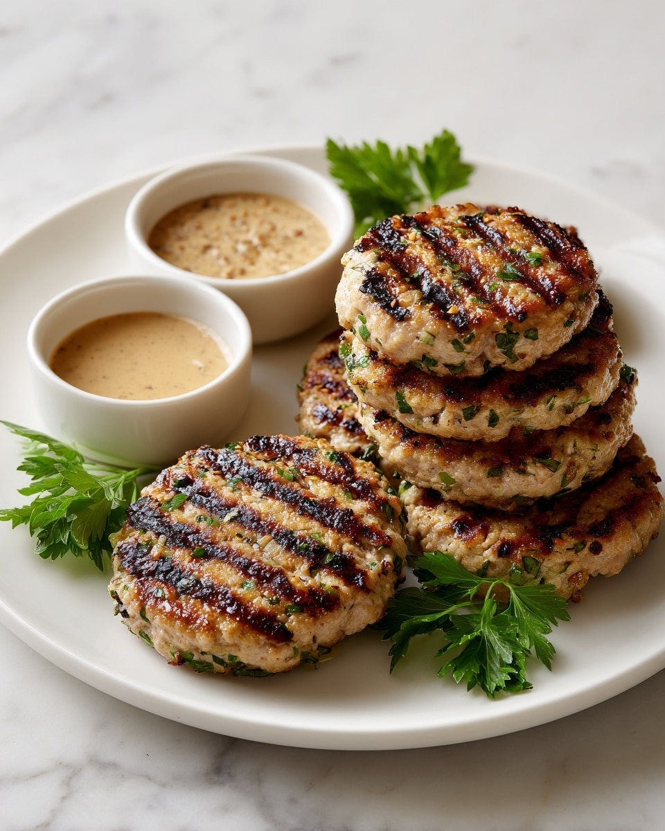 The image shows five grilled patties stacked on a white plate, each patty is golden brown with clear dark grill marks and has a slightly rough texture with small green herb pieces visible inside. The patties sit on a base of fresh green parsley leaves which add a pop of color. Two small bowls hold light brown dipping sauce, one placed on the plate beside the patties and another slightly blurred in the background. The whole scene is set on a white marbled surface with soft natural light emphasizing the warm tones of the grilled food. Photo taken with an iphone --ar 4:5 --v 7