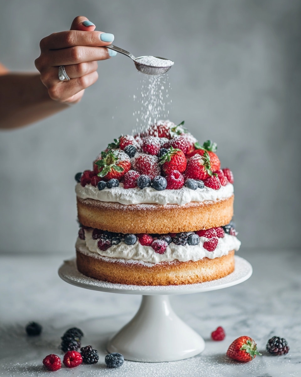 A three-layer white sponge cake stands on a white cake stand with powdered sugar dusted on top. Each layer is separated by white cream thickly spread with a mix of fresh red raspberries, blueberries, and blackberries embedded inside. The top layer is decorated with a large pile of berries, including halved strawberries showing their bright red inside, blueberries, blackberries, and raspberries. A woman's hand with light blue painted nails sprinkles powdered sugar over the berries using a metal measuring spoon. The cake stand sits on a white marbled surface scattered with more loose berries around it. photo taken with an iphone --ar 4:5 --v 7