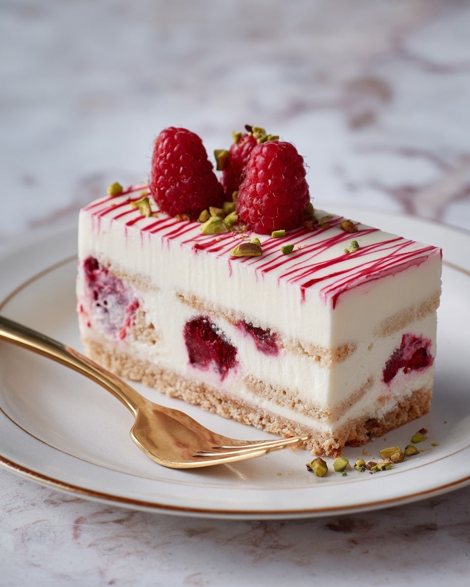 A rectangular layered dessert sits on a white plate with a gold rim, placed on a white marbled surface. The dessert has four visible layers: the bottom layer is a light, crumbly base; above that is a creamy white layer with embedded whole raspberries and a smooth texture; the top two layers are creamy and white with swirls of bright pink raspberry sauce throughout, giving a marbled effect. The top surface is decorated with three fresh red raspberries and small green mint leaves. A golden dessert fork is partially under the dessert with a drop of raspberry sauce on it. photo taken with an iphone --ar 4:5 --v 7