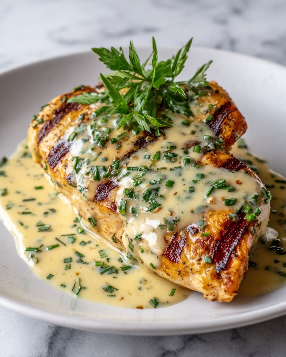 The image shows a close-up of a grilled chicken breast with visible grill marks, giving it a browned and slightly charred texture. The chicken is topped with a creamy green herb sauce that cascades down the sides and pools slightly at the base, mixing with finely chopped fresh herbs sprinkled over the top. On the very top, there is a small bunch of bright green leafy herbs as a garnish. The dish is set against a white marbled surface. Photo taken with an iphone --ar 4:5 --v 7