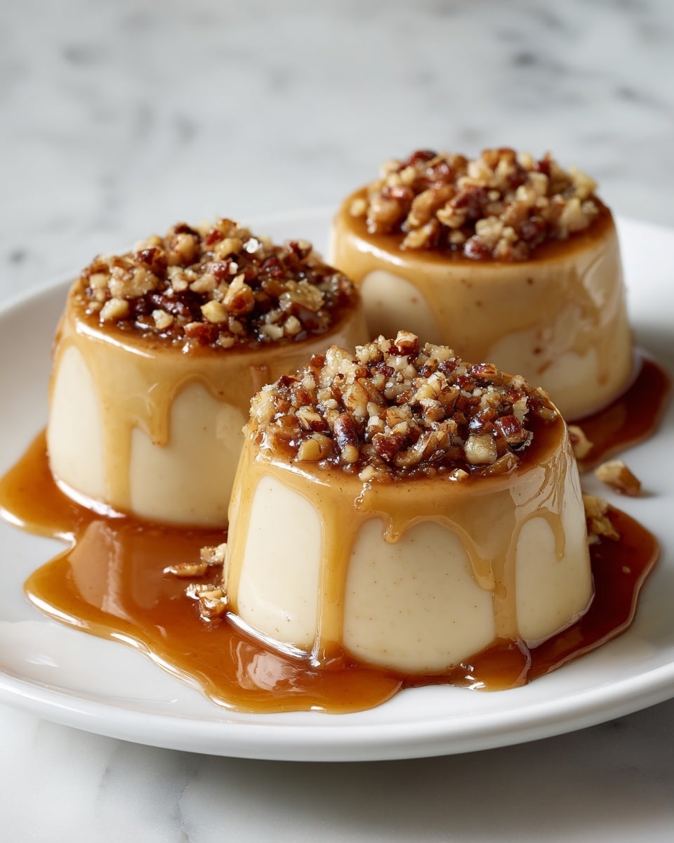 Three smooth, round panna cotta desserts sit on a white plate, each with a shiny caramel sauce that flows down their creamy, light beige sides. The caramel is thick and glossy, pooling slightly around the base of each pudding. On top of each panna cotta, there is a sprinkle of small, light brown nut pieces that add rough texture, contrasting with the smooth surface below. The plate rests on a white marbled surface. The overall look is simple and elegant, with soft light reflecting off the caramel and panna cotta surfaces. Photo taken with an iphone --ar 4:5 --v 7