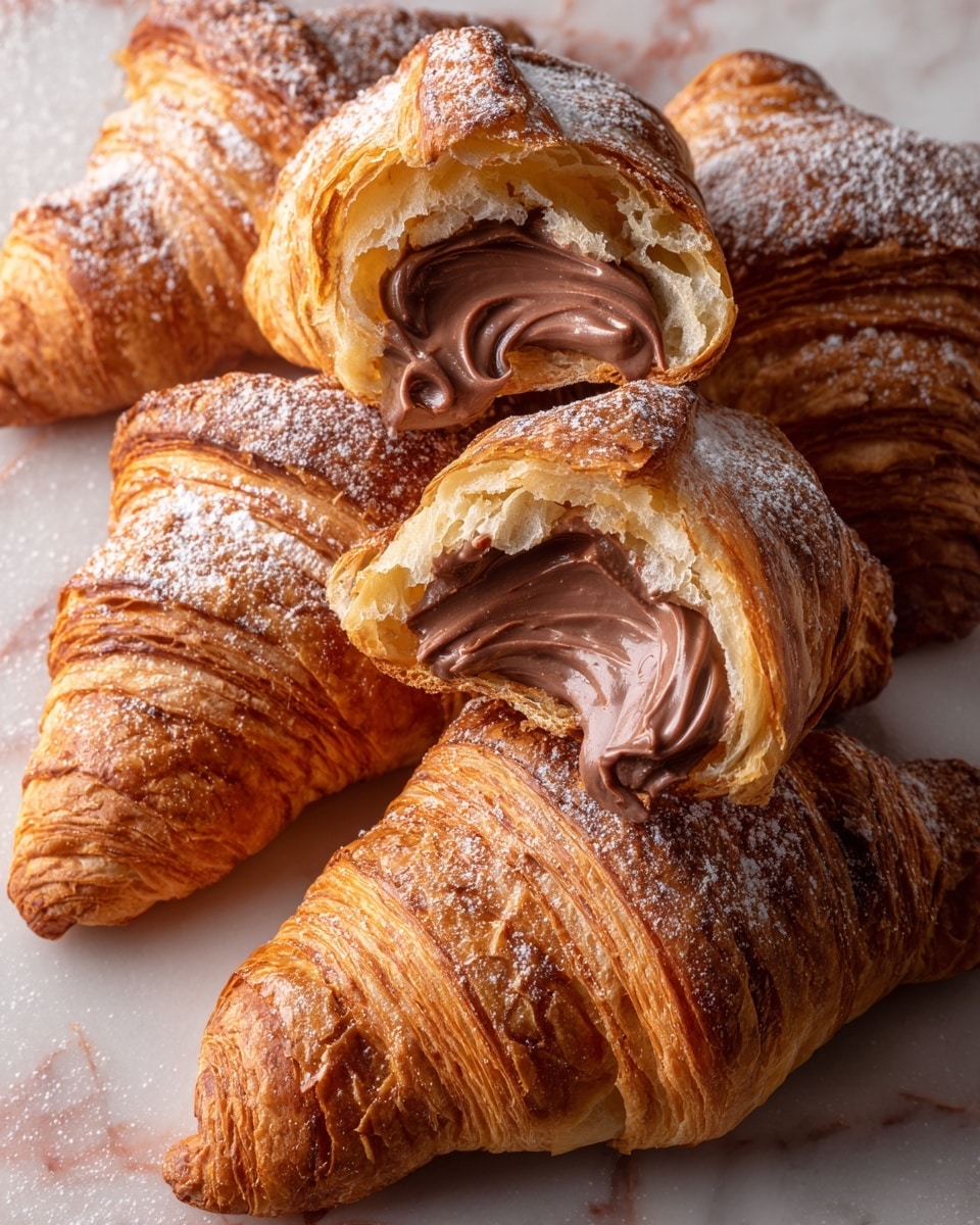 The image shows five golden-brown croissants arranged closely on a white marbled surface, with a soft dusting of powdered sugar on top. One croissant is broken open in the center, revealing a thick, smooth, chocolate cream filling oozing out. The croissants have a flaky, layered texture with visible ridges that catch the light, giving them a crisp appearance. The overall look is warm and inviting, highlighting the rich chocolate inside and the crisp, buttery pastry outside. Photo taken with an iphone --ar 4:5 --v 7