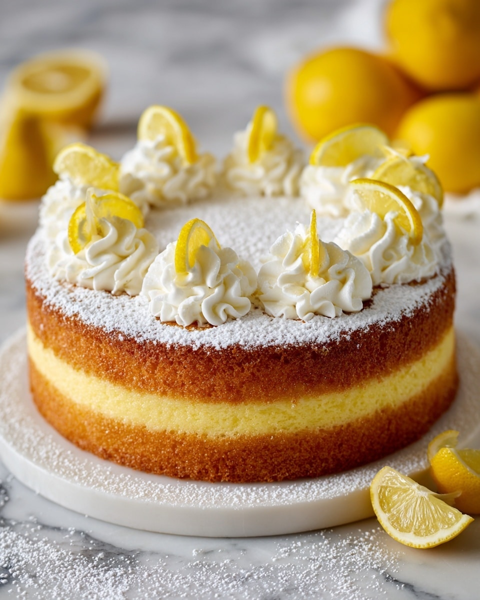 A two-layer yellow sponge cake with a light golden-brown crust on the outside. The bottom layer is topped with a thick, fluffy white cream filling spread unevenly across it. The top layer sits on this cream, with its surface covered in small dollops of white whipped cream around the edge. Each dollop is topped with a thin, round yellow lemon slice. A light dusting of white powdered sugar is sprinkled over the whipped cream and the cake surface. The cake is placed on a white plate on a white marbled textured surface. Photo taken with an iphone --ar 4:5 --v 7