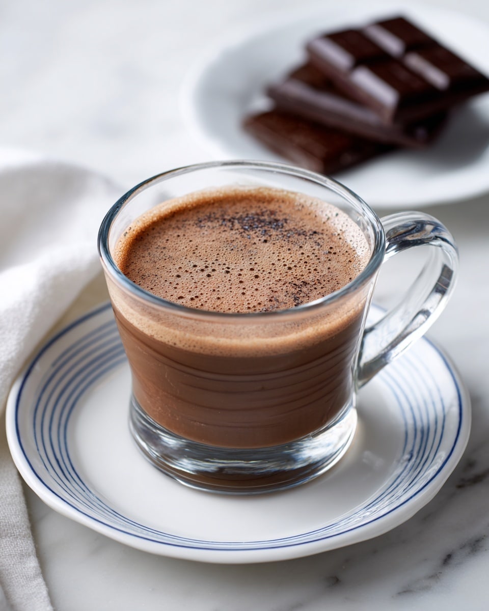 The image shows a clear glass cup filled with smooth hot chocolate, with a rich brown color and creamy texture, sitting on a white saucer with blue rim stripes. Behind the cup, there are pieces of dark chocolate stacked on a lightly blurred white marbled surface. The glass cup has a handle on the right side, and the hot chocolate fills the cup almost to the top, showing slight reflections on its surface. photo taken with an iphone --ar 4:5 --v 7