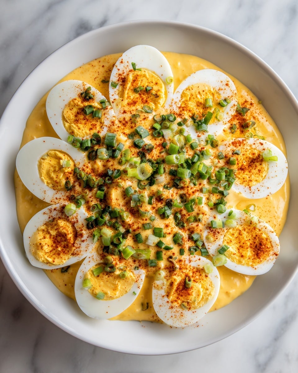 The image shows a white plate filled with halved boiled eggs arranged in a single layer. On top of the eggs, there are small dollops of creamy, pale yellow mayonnaise or sauce evenly spread. The sauce is lightly sprinkled with red chili powder, adding a bright red contrast. Chopped green onions are scattered over the dish, giving small pops of fresh green color. The white marbled surface beneath the plate is clean and bright, enhancing the vivid colors of the food. Photo taken with an iphone --ar 4:5 --v 7