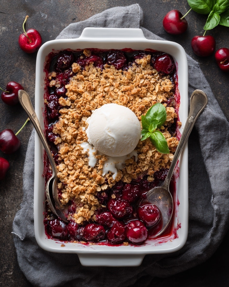 A white rectangular dish holds a dessert with three visible layers: the bottom layer is a deep red cherry compote with whole cherries, glossy and juicy, filling about half the dish; the middle layer is a golden brown oat crumble topping, rough in texture and slightly uneven, covering most of the fruit layer; on top, a perfect white scoop of vanilla ice cream sits at the center, melting slightly around the edges. Two metal spoons rest inside the dish on opposite sides. The dish is placed on a gray cloth on a dark surface with scattered cherries and a green basil leaf nearby. Photo taken with an iphone --ar 4:5 --v 7