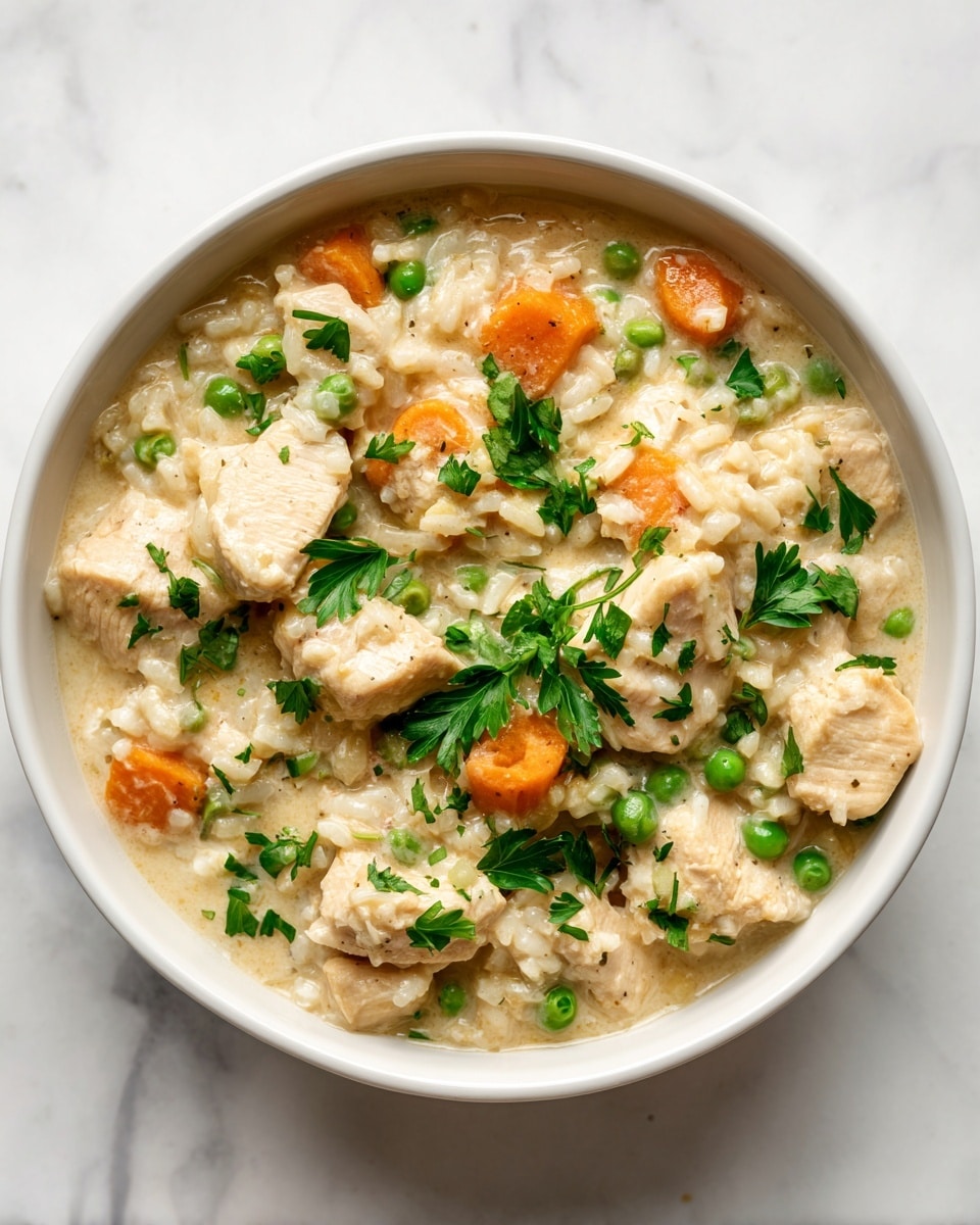 A close-up of a creamy chicken and rice dish served in a white bowl, showing about three layers: the bottom layer is a soft, thick risotto with small orange carrot pieces and bright green peas, the middle layer has tender, shredded chicken mixed evenly throughout, and the top layer is garnished with fresh green parsley leaves scattered across the surface. The texture looks rich and slightly glossy, with a mix of smooth creamy rice and chunky vegetable bits, set against a white marbled background. Photo taken with an iphone --ar 4:5 --v 7