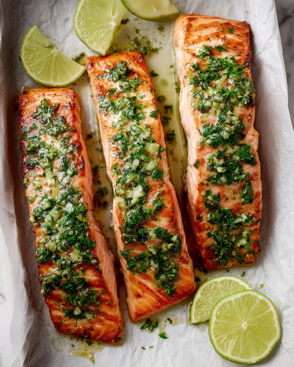 The image shows three cooked salmon fillets lying side by side on a white, rectangular baking tray with parchment paper. Each fillet has a light pink-orange color with a glossy, slightly oily surface and is topped with small bits of melted butter and chopped green herbs. Around the salmon, there are scattered lime wedges adding bright green and yellow hues. The background is a white marbled surface, creating a clean and simple look. photo taken with an iphone --ar 4:5 --v 7