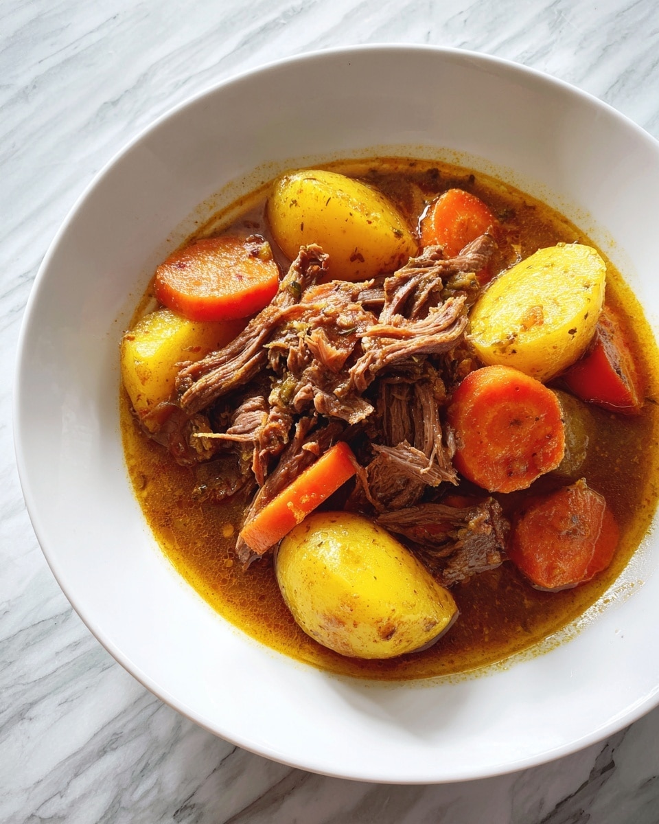 A white bowl is filled with a thick stew showing shredded brown beef mixed with large chunks of yellow potatoes and orange carrots. The stew has a rich brown broth that looks slightly glossy and covers the ingredients well. The beef appears tender and stringy, spread evenly throughout the potatoes and carrots, which add bright color contrasts. The bowl sits on a white marbled surface. photo taken with an iphone --ar 4:5 --v 7