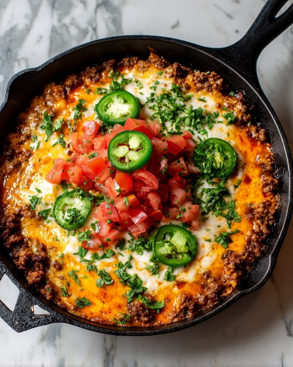 A black cast iron skillet filled with a dish showing three main layers: the bottom layer is bright orange melted cheese, topped with a middle layer of browned ground beef and melted white cheese covering parts of the beef, and the top layer consists of fresh chopped red tomatoes and green sliced jalapeños scattered in the center. Small green herb bits are sprinkled throughout, adding texture. The skillet sits on a white marbled surface. Photo taken with an iphone --ar 4:5 --v 7