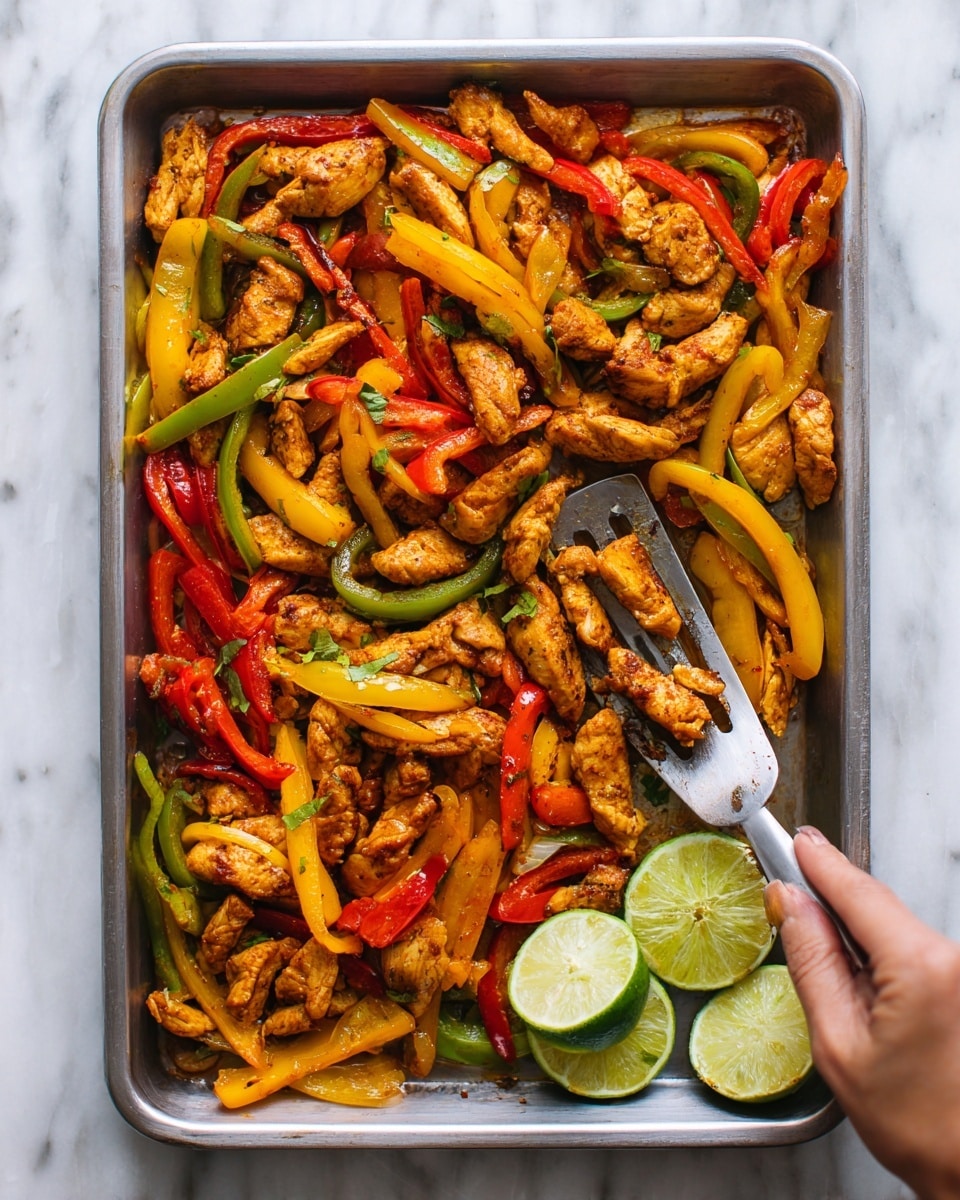 The image shows a baking tray filled with cooked strips of chicken mixed with bright, colorful bell peppers in yellow, green, and red, all cooked with seasoning that adds a slightly brownish and crisp look. The chicken and peppers are layered thickly, overlapping each other, creating a textured and vibrant mix. A woman's hand holding a metal spatula is visible on the right side, lifting some of the food. Two lime halves are placed at the bottom right corner. The tray sits on a white marbled surface. Photo taken with an iphone --ar 4:5 --v 7