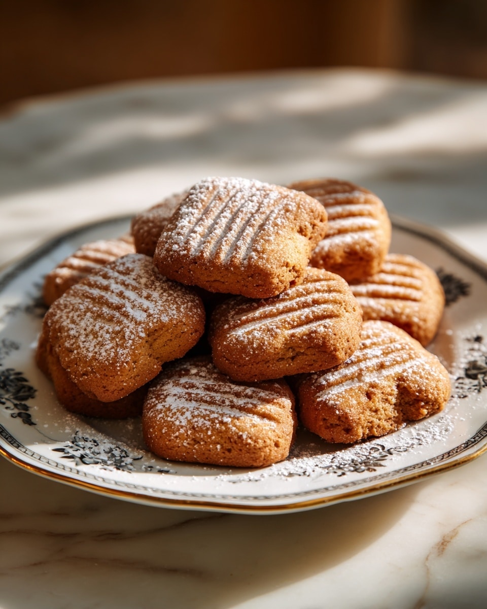 A white plate with a thin gold and brown rim holds a pile of nine light golden brown cookies arranged in two layers, the cookies shaped in soft rectangles with rounded edges. Each cookie has evenly spaced fork marks creating parallel ridges on the top surface, and they are dusted with a light layer of white powdered sugar that gently falls around the plate edges. The plate is placed on a white marbled surface with some blurred soft background elements. Photo taken with an iphone --ar 4:5 --v 7