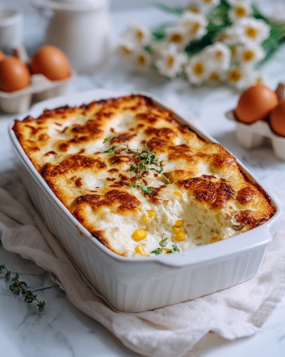 A white ceramic baking dish filled with a golden baked casserole that has a bubbly, browned top layer with spots of dark caramelization. Underneath the crisp surface, there is a creamy mixture containing bright yellow corn kernels and chunks of browned sausage. Small green herb leaves are placed on top for garnish. The dish rests on a crumpled off-white cloth, with a soft focus background showing some eggs and white flowers blurred out, all set on a white marbled textured surface. photo taken with an iphone --ar 4:5 --v 7