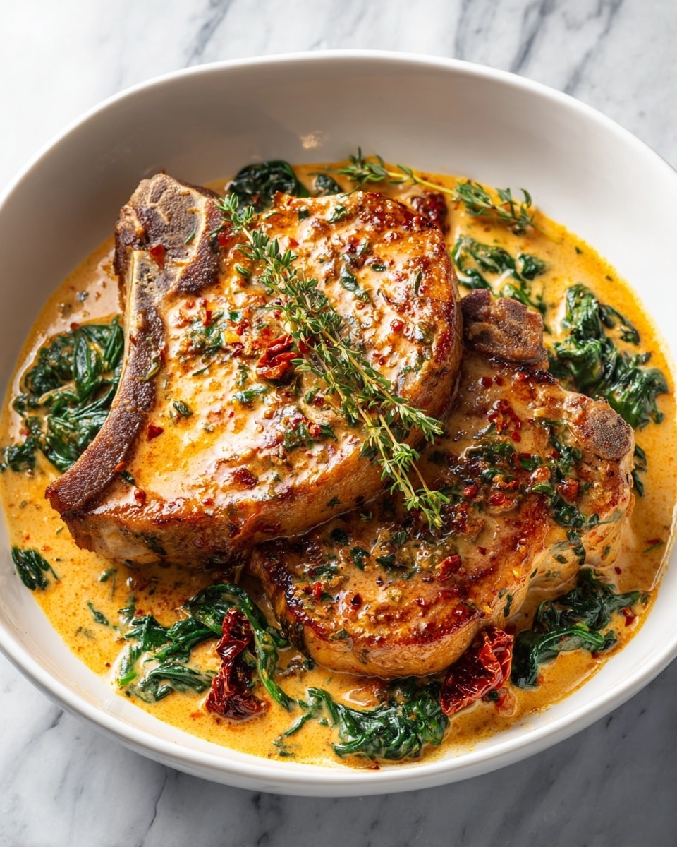 A white plate holds two thick, golden-brown seared pork chops stacked slightly on top of each other, covered with a creamy orange sauce. The sauce pools around the chops and is mixed with wilted green spinach leaves and small pieces of sun-dried tomatoes. Small fresh green herbs are scattered over the dish. The plate is set on a white marbled surface, with a light cloth napkin partially visible to the side and a glass with a light drink near the top left corner. photo taken with an iphone --ar 4:5 --v 7