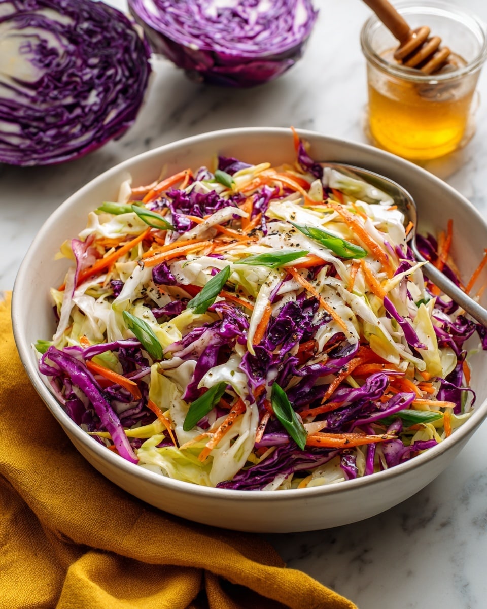A bowl filled with a fresh coleslaw made of thin layers of shredded white cabbage, purple cabbage, and bright orange carrot strips, all mixed evenly. On top, thin slices of green onions add a fresh touch, while a sprinkle of black pepper is visible throughout the salad. The coleslaw sits in a white bowl, and around it, there are halves of purple cabbage with showy white veins. A honey jar with a wooden dipper is placed in the background over a white marbled texture, alongside a mustard-yellow cloth near the bowl. photo taken with an iphone --ar 4:5 --v 7