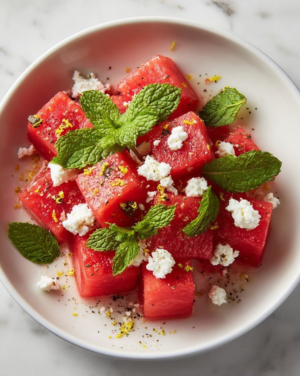 A white bowl filled with bright red watermelon cubes, each piece juicy and slightly translucent. Scattered over the watermelon are small chunks of white crumbly cheese, adding a soft texture contrast. Fresh green mint leaves are placed evenly around the watermelon, giving a pop of green color. Tiny black pepper flakes and a sprinkle of yellow zest are lightly tossed over the top, adding visual interest and extra color. The bowl sits on a white marbled surface with a light yellow cloth partly visible at the bottom left. photo taken with an iphone --ar 4:5 --v 7