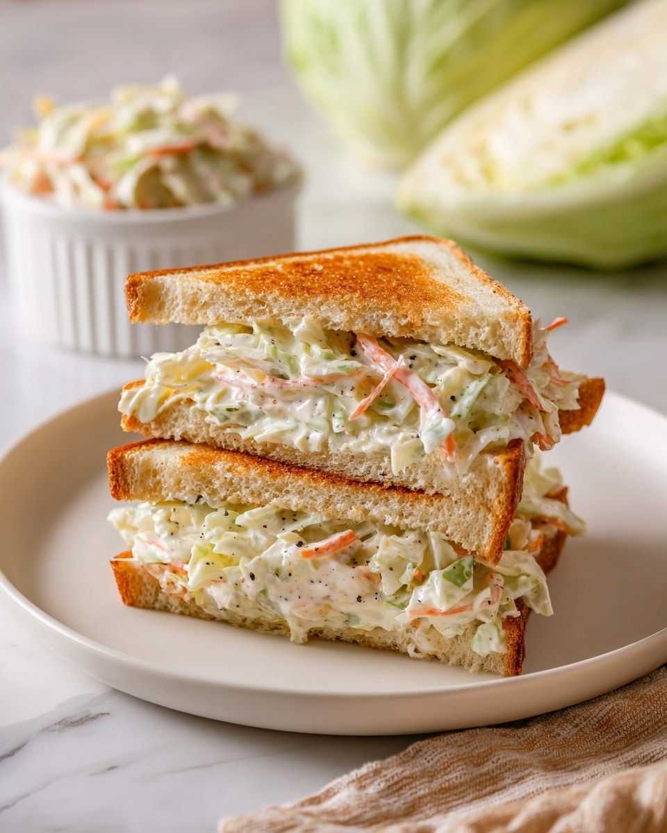 Two triangular sandwiches are stacked on a white plate set on a white marbled texture. Each sandwich has two slices of soft, lightly toasted white bread with a thin golden-brown crust. The filling is creamy coleslaw made of shredded pale green cabbage and thin orange carrot strips, coated in a smooth white dressing with black pepper specks. In the background, there is a small white ramekin filled with more coleslaw, slightly out of focus. The scene is softly lit, showing textures clearly. photo taken with an iphone --ar 4:5 --v 7