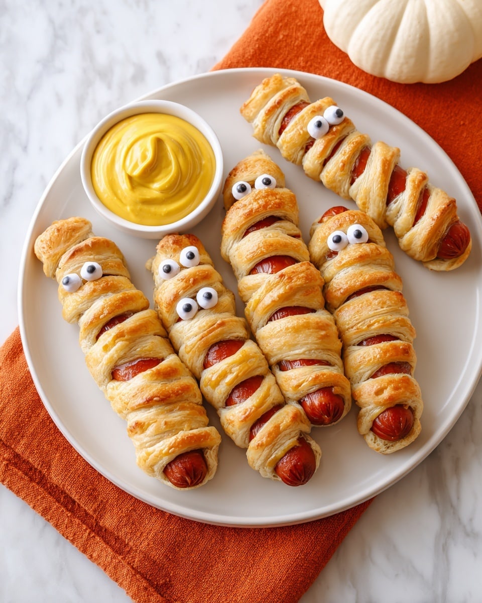 The image shows six hot dogs wrapped in golden-brown puff pastry strips arranged on a white plate. Each hot dog has two edible eyes placed near the top, giving them a playful mummy-like appearance. The puff pastry is wrapped around the hot dogs unevenly in spiral layers, with some parts showing the reddish brown color of the hot dogs underneath. At the top left corner of the plate, there is a small white ramekin filled with thick yellow mustard. The plate sits on an orange cloth, all set against a white marbled surface with a white pumpkin visible in the background. photo taken with an iphone --ar 4:5 --v 7