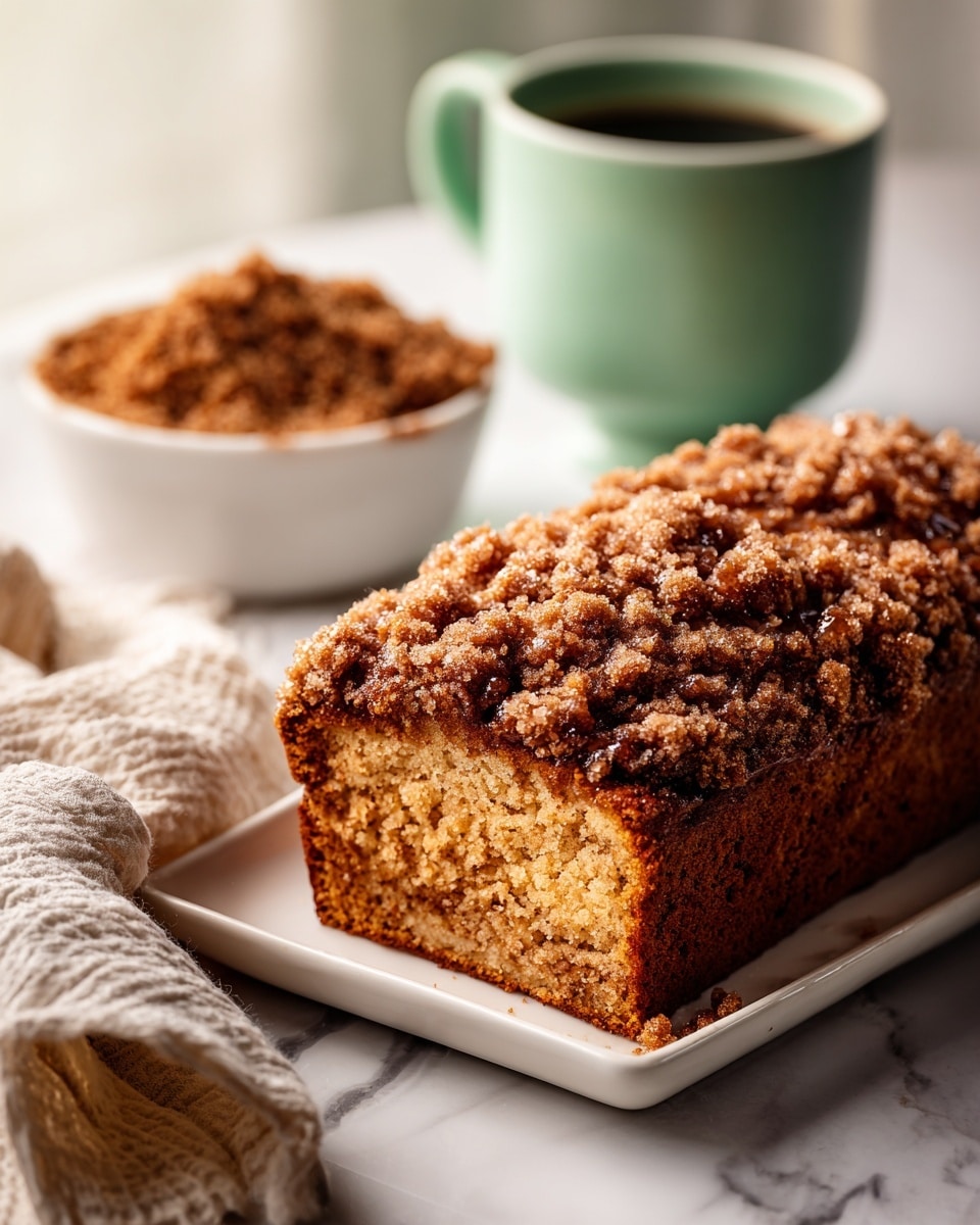 The image shows a loaf-shaped cake with a golden brown crumb topping that is coarse and crunchy, covering the entire top of the cake in uneven clumps. The cake itself is a warm, light brown color with a slightly textured crust on the sides, sitting on a white rectangular plate. There are some crumbs scattered around the plate, and a small white bowl filled with extra crumb topping is placed nearby. In the background, there is a soft-focused light blue-green cup with a dark liquid inside. Everything is set on a white marbled surface. photo taken with an iphone --ar 4:5 --v 7