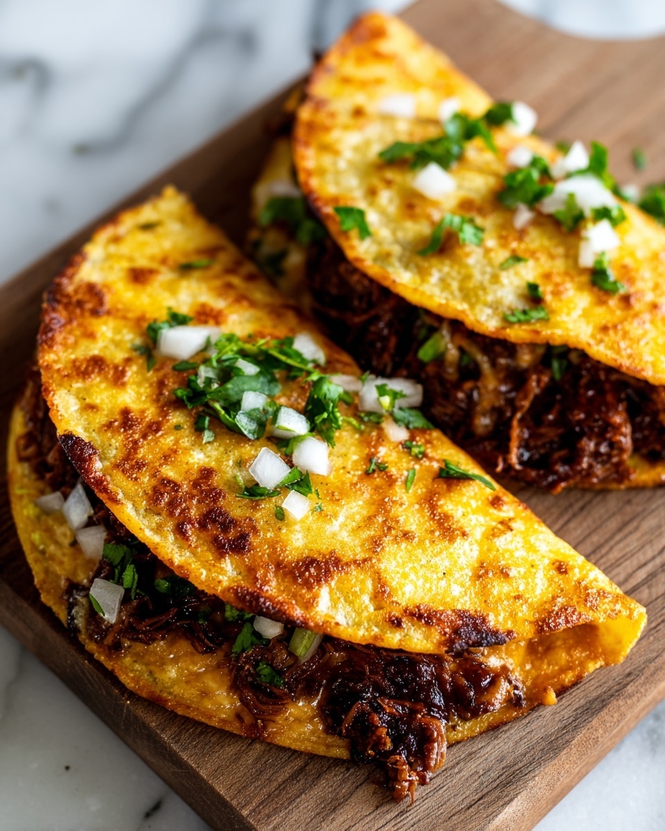 This image shows two folded tacos resting on a wooden cutting board over a white marbled surface. Each taco has a crispy, golden-brown, textured tortilla shell with a slightly caramelized edge. Inside, there's a visible layer of shredded dark brown meat and melted cheese. On top of each taco, small pieces of bright white diced onions and finely chopped fresh green cilantro are scattered, adding a fresh contrast to the rich colors of the filling and tortilla. The tacos look hot, crunchy, and well-seasoned. Photo taken with an iphone --ar 4:5 --v 7
