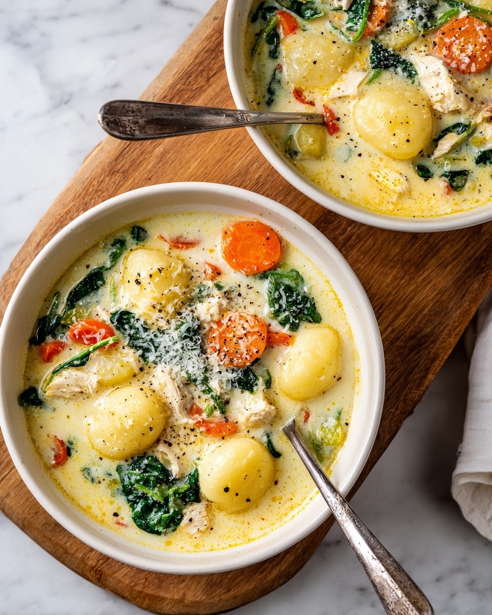 Two white bowls filled with creamy soup sit on a white marbled surface. The soup has three main visible layers: a pale yellow thick broth base, dotted with small orange carrot slices and leafy green spinach pieces spread evenly throughout; plump, soft, white gnocchi pieces that float on top in different sizes; and chunks of light pink chicken scattered across the surface. A sprinkling of finely shredded pale white cheese and black pepper grains top the soup. Each bowl has a silver spoon resting inside. Photo taken with an iphone --ar 4:5 --v 7