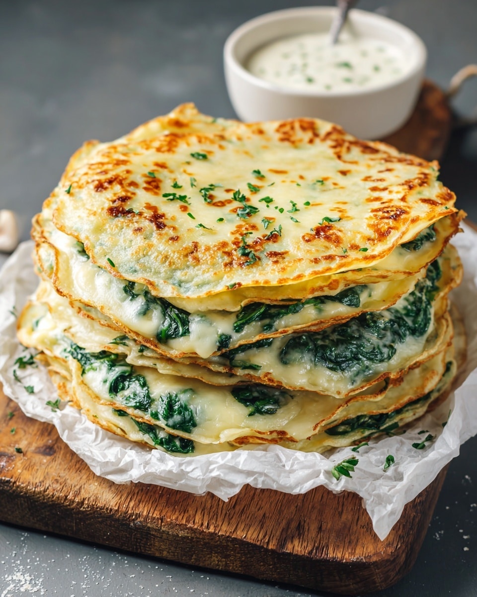 The image shows a stack of three golden-brown spinach and cheese crispy flatbreads on a wooden board, each layer textured with melted, bubbly cheese and dark green spinach leaves with crispy edges. The flatbreads have a rough, crunchy surface with some browned spots, and the layers are slightly irregular in shape, giving a homemade feel. On the side, there is a white bowl with a creamy white dipping sauce, placed on white crinkled paper over the board. The background is a white marbled surface, softly lit to highlight the textures and warmth of the flatbreads. Photo taken with an iphone --ar 4:5 --v 7