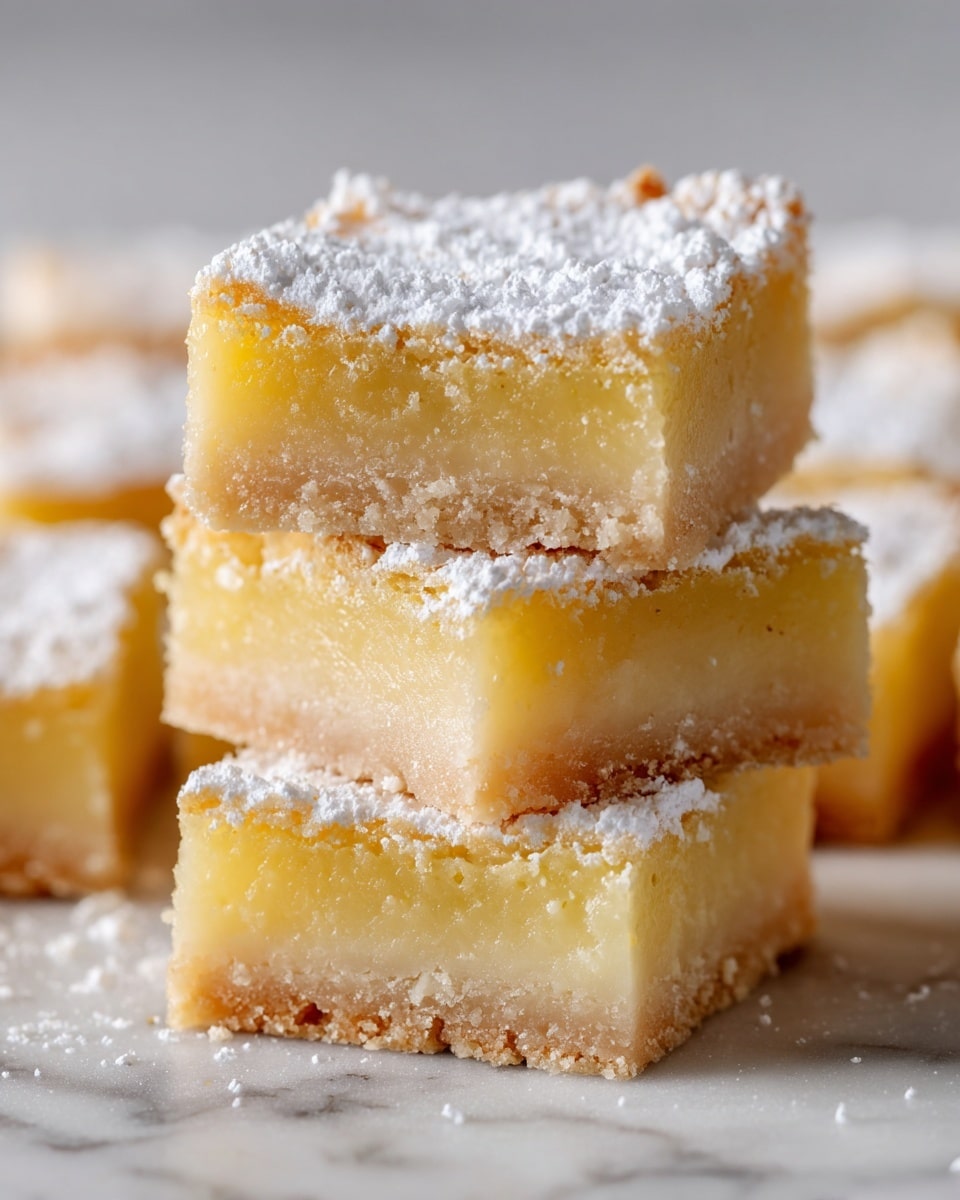 A close-up view of several lemon bars stacked on a white marbled surface, each bar showing two layers: a thin, light golden-brown crust at the bottom, and a thick, soft, pale yellow lemon filling above it. The top layer is dusted unevenly with white powdered sugar, giving a soft texture look. The bars are cut into squares with clean edges, and the filling looks smooth and slightly translucent, while the crust has a crumbly texture. Photo taken with an iphone --ar 4:5 --v 7