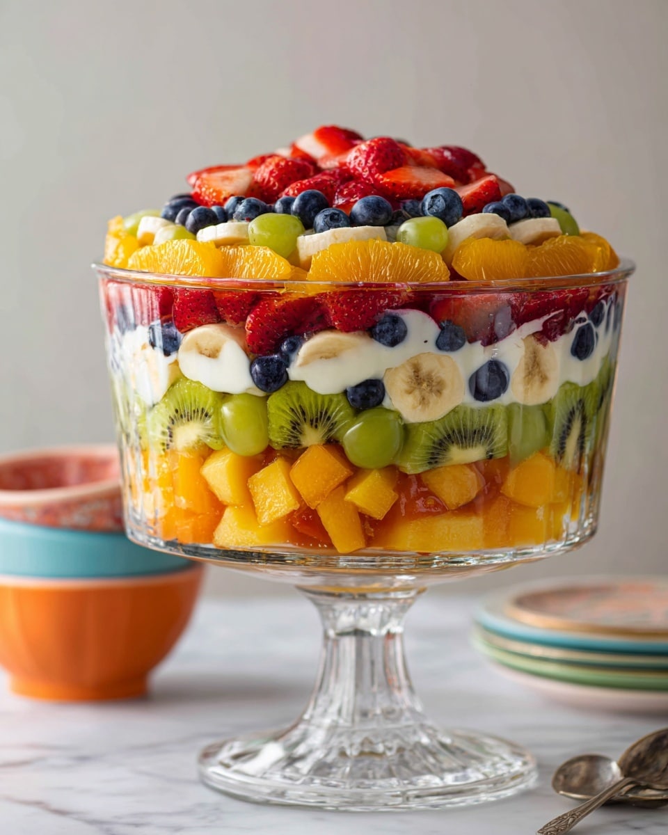 A clear glass trifle bowl on a pedestal shows seven colorful layers of fruit. The bottom layer is light yellow pineapple chunks, followed by a layer of bright red sliced strawberries. Above that is a layer of light green kiwi slices, then white banana slices topped with orange segments. On top of this is another layer of green grapes and finally dark blue blueberries crowning the dessert. The bowl sits on a white marbled surface with the soft light casting gentle shadows. Photo taken with an iphone --ar 4:5 --v 7