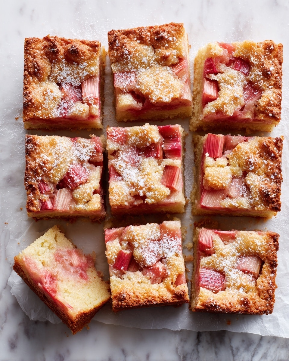 The image shows a square dessert cut into nine pieces, with a light golden-brown top layer that looks soft and moist, dotted with pieces of red fruit. The dessert has two visible layers: a thin, golden crust on the bottom and a thicker, creamy layer with embedded fruit pieces on top. The top is dusted evenly with white powdered sugar, giving it a delicate, snowy look. The dessert rests on a piece of light brown parchment paper set on a smooth white marbled surface. One piece is slightly pulled out from the rest, showing the layers clearly. photo taken with an iphone --ar 4:5 --v 7