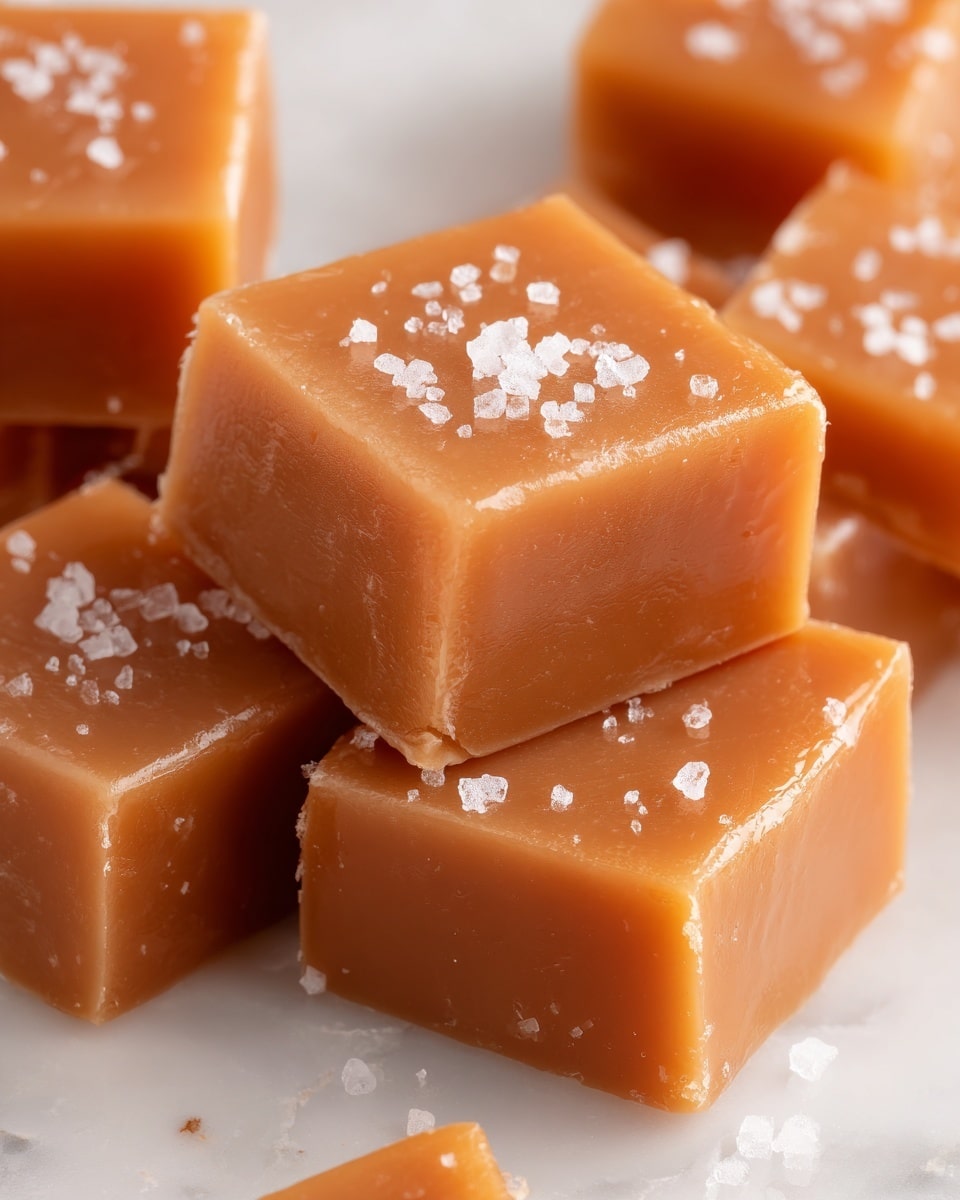 The image shows several square pieces of soft caramel candy stacked closely together. Each caramel piece has a smooth, glossy light brown surface with small flakes of white sea salt sprinkled on top, adding texture and contrast. The caramel squares have clean, sharp edges and appear slightly sticky, with subtle highlights reflecting off their shiny surfaces. The background is a white marbled texture, enhancing the warm tones of the caramel candies. photo taken with an iphone --ar 4:5 --v 7