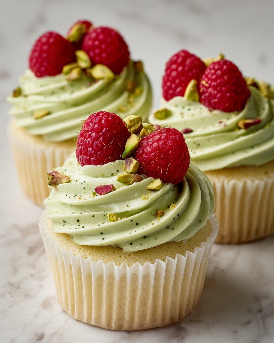 The image shows a close-up of a vanilla cupcake with a white paper liner as the base layer, topped with a thick swirl of light green frosting that has a smooth, creamy texture with small specks. On top of the frosting, there are three bright red raspberries and several small greenish-brown pistachio pieces scattered around them. The cupcakes are placed on a white marbled texture, and more similar cupcakes appear slightly blurred in the background, adding depth. photo taken with an iphone --ar 4:5 --v 7