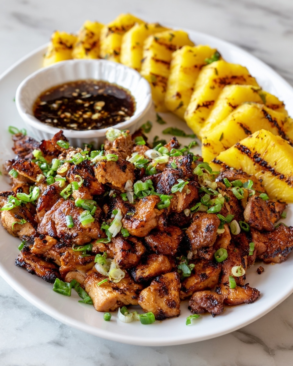 A white plate filled with two layers of grilled chicken pieces, each piece showing charred grill marks and a golden-brown, slightly sticky texture, scattered with bright green chopped scallions on top. Along the edge of the plate, there are five golden yellow grilled pineapple slices with dark grill lines, adding a fresh look. A small white bowl of dark brown sauce with a smooth texture sits to the top right of the plate. The entire setting is placed on a white marbled surface with a few green leaves off to the left side. photo taken with an iphone --ar 4:5 --v 7