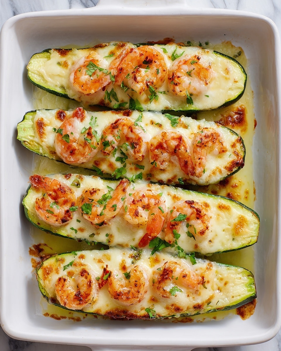 A white rectangular baking dish sits on a white marbled surface, filled with six zucchini halves arranged in two rows. Each zucchini half is hollowed out and layered with melted golden-yellow cheese, topped with browned, cooked shrimp that have a slightly crispy texture. Small green parsley pieces are sprinkled over the shrimp and cheese, adding a fresh color contrast. The edges of the cheese show slight browning from baking, and the zucchini skin is a deep green, bright and intact. Photo taken with an iphone --ar 4:5 --v 7
