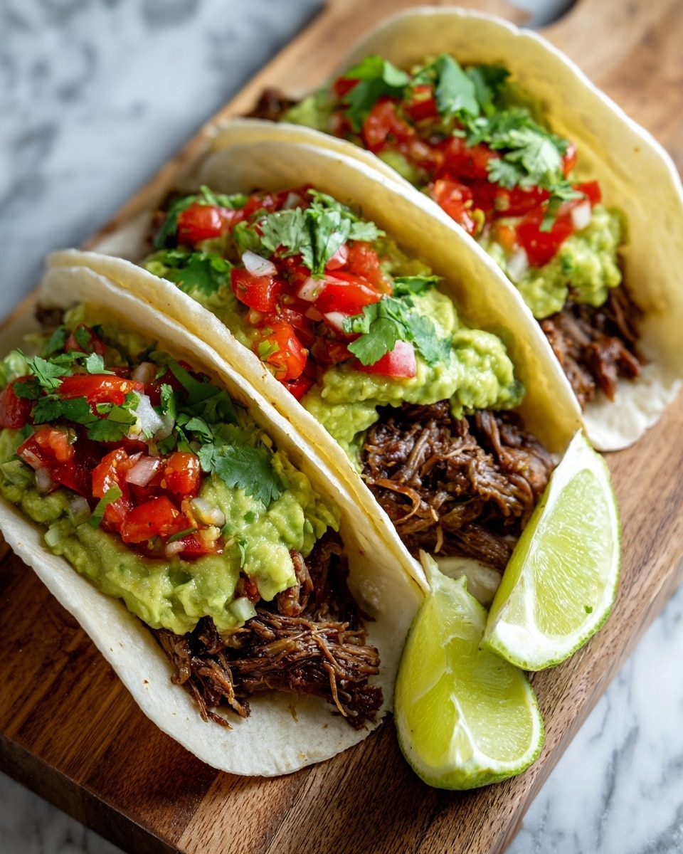 Three soft white corn tortillas are filled with shredded dark brown meat as the bottom layer, topped with a bright green guacamole layer with a chunky texture, and a layer of red and pink chunky salsa with green cilantro leaves on top. The tacos are placed on a wooden board with a wedge of light green lime on the side. The background is a white marbled surface. photo taken with an iphone --ar 4:5 --v 7