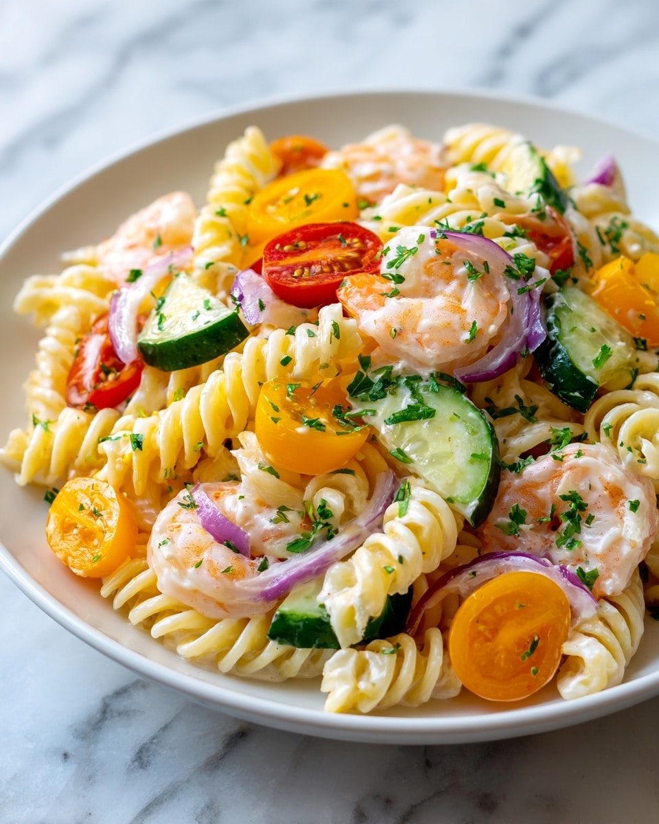 A close-up of a white plate filled with a colorful pasta salad made of spiral pasta twisted in creamy dressing, layered with bright orange mandarin slices, halved red cherry tomatoes, light green chopped cucumbers, and thin rings of purple onion, all topped with chopped fresh green parsley, sitting on a white marbled textured surface. Photo taken with an iphone --ar 4:5 --v 7
