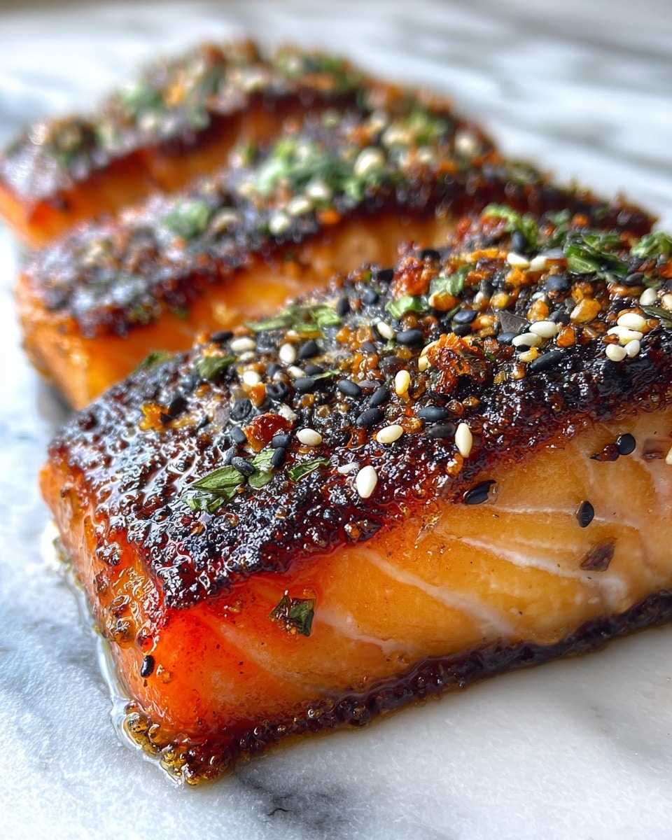 The image shows a close-up of a cooked salmon fillet with a crispy, charred skin on top. The salmon meat beneath is bright orange with a juicy, tender texture and glistens with a coating of oil or sauce. Small pieces of browned garlic or seasoning are scattered over the top of the fish. The background is a white marbled texture that brings focus to the vibrant color and texture of the salmon. Photo taken with an iphone --ar 4:5 --v 7