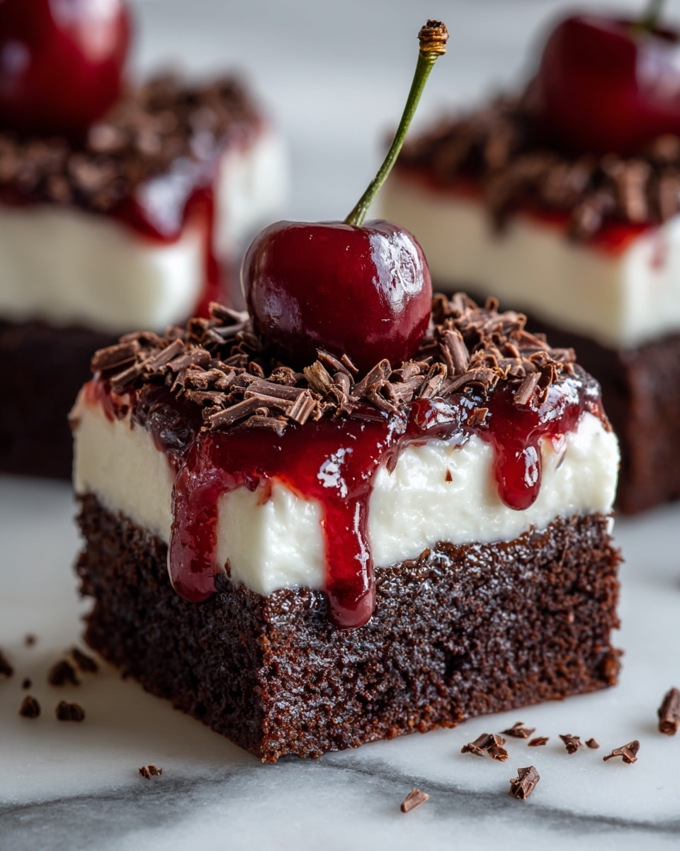 A rich, dark brown brownie forms the bottom layer, showing a dense and chewy texture with small chocolate chunks inside. On top sits a thick, creamy white layer of frosting, smooth and soft. A bright red cherry sauce drips over the frosting, glossy and slightly chunky with a fresh cherry on top, which is deep red and shiny with a thin green stem. Small chocolate shavings are sprinkled lightly over the sauce and frosting. The dessert rests on a wooden surface with a white marbled background slightly blurred. photo taken with an iphone --ar 4:5 --v 7